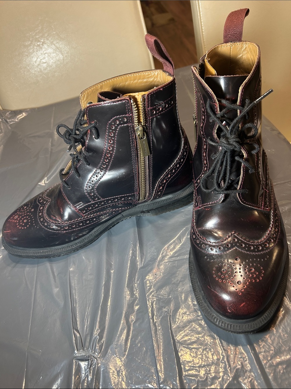 Dr. Martens Delphine (W) Cherry Red Arcadia leather Boots w A wingtip brogue